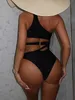 Women's Swimwear Sexy Hollow Out Bikini Set 2024 Women Black One Shoulder Bandage one piece Swimsuit Summer Bathing Suit High WaistH24222