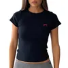 T-shirts pour femmes Y2K Femmes Mignon Crop Top Serré Ajusté Col Rond Manches Courtes Tops Bow Broderie Côtelé Été Bébé Tee