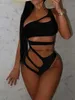 Women's Swimwear Sexy Hollow Out Bikini Set 2024 Women Black One Shoulder Bandage one piece Swimsuit Summer Bathing Suit High WaistH24222