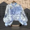 Kvinnor BLOUSES Circyy Print Blue Women Shirts 2024 Spring Long Sleeve Single Breasted Stand-Up Collar Shirt Fashion Tie Flowers Chic Tops