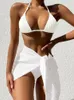 Damskie stroje kąpielowe 2024 Seksowne białe kantar 3pcs Związane spódnica bikini ustawiają kobiety wysoki talia stroju kąpielowego push up backless bez backbele kostium kąpielowy