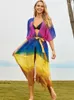 Women's Swimwear Bohemian Chiffon Colored Kimono For Women Beach Bathing Suit Cover Ups Long Dress Plus Size Beachwear CardiganQ1180