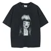 Paris Style Japan Cartoon Girl Print Washed Vintage Oversize Tee Designer T shirt Spring Summer Casual Fashion Skateboard Men Women Plus Size Tshirt 24ss 0223