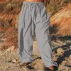 Pantaloni da uomo in cotone e lino per esterno quotidiano tinta unita con coulisse multitasche gamba dritta ampia allenamento da uomo carino H