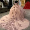 3D Pink Flower Shiny Appliques Quinceanera klänningar med bågkulklänningar Tulle Princess Sweet 16 Dress Soe Up Vestidos de 15