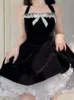 Robes décontractées KIMOKOKM Vintage Halter Dentelle Bow Volants Kawaii Sans Manches Camisole Robe Japonaise Bandage Princesse Girly Velours Noir