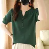 女性用Tシャツピュアコットンとリネントップニット半袖VネックTシャツベースシャツ夏秋のTシャツブラウス女性