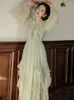 Casual Dresses French Ruffles Fairy Dress Women Lantern Sleeve Green Gauze Sping Victorian Style Robe Longue Soiree Femme Pour Mariage