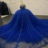 Blue Lace Appliques Quinceanera Dresses Ball Gown Birthday Gowns Off The Shoulder Beads Tull Corset Sweet 16 Dresses vestidos de 15