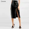 Skirts Skorts Sexy Black Split Slit Patent Leather Midi Skirt Women High Waist Knee Length PVC Elegant Office Ladys Latex Custom YQ240223
