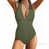 Kvinnors badkläder 2023 Sexig veckad hög midja bikini Kvinnor Sexig V-ringad baddräkt Triangel Cup Solid Color One Piece Swimsuit T240222