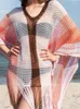 Women's Swimwear Oversize Bohemian Striped V-neck Cape Sleeve Fringed Knitted Summer Dress Beach Cover Up Women Beachwear Crochet Tunic Q900