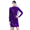 Casual Dresses Faux Leather Bodycon Dress Women Sexy Long Sleeve Front Zipper Wet Look Vinyl Club Party Vestidos Plus Size