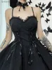 Urban Sexy Dresses Goth Dark Tie Up Mall Gothic Elegant Women Dresses Grunge Aesthetic Jacquard A-Line Dress Emo Lace Trim Black Party Alt Clothes 240223