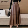 Saias skorts mulheres vintage sólido pu couro plissado elegante cinto midi saia outono inverno moda cintura alta grande balanço uma linha faldas yq240223