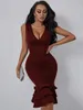 Casual klänningar 2024 för kvinnor solid V-ringad ärmlös skiktad ruffle bodycon klänning vestidos de mujer elegant mini mantel kvinna