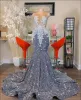 2024 glitter sier sereia vestidos de baile sheer neck applique cristal frisado lantejoulas festa vestidos noite robe