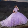 Lilac Quinceanera elbise balo elbisesi omuz aplike dantel tull tull yukarı çiçek kızlar doğum günü partisi balo prim vestido15 vx anos