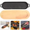 Platten Western Gusseisen Steak Platte BBQ Grill Zwei Ohr Holzsockel Barbecue Tablett Streifen