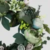 Couronne de pivoines décoratives d'été, 13 pouces, roses artificielles, brindilles florales en soie, décoration murale pour porte d'entrée avec feuilles vertes