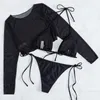 Designer kvinnors badkläder sexig bikini tre stycken set europeisk och amerikansk solid svart blå långärmad solskyddsmedel designer3sz2