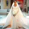 Lyx Aso Ebi sjöjungfru bröllopsklänningar för brud plus storlek med avtagbar tågpärla spets illusion Långärmad äktenskapsklänning för Nigeria African Black Women NW110