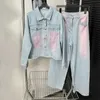 Conjunto de três peças mulheres jaqueta jeans conjuntos 24ss passarela estilo blush tingido jaquetas jeans perna reta jeans terno moda marca de alta qualidade ternos roupas femininas