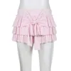 Gonne Gonne corte Dolce fiocco rosa pieghettato Mini per le donne Y2k Solido volant A-line femminile sexy Kawaii Lolita gonna torta multistrato YQ240223