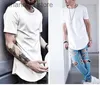 Men's T-Shirts Curved Hem Hip Hop T-shirt Men Urban Kpop Extended T shirt Plain Longline Mens Tee Shirts Male Clothes T240223