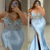 2024 ASO EBI Hell Sky Blue Mermaid Prom Kleid Perlen Blumen Abend formelle Party Zweiter Empfang 50. Geburtstag Verlobungskleider Kleider Robe de Soiree ZJ67