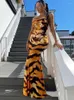 Casual Dresses Mozision Tiger Pattern Print Maxi Dress For Women 2024 Spaghetti Strap Sleeveless Backless Elegant Sexy Slipdress Vestidos