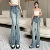 Jeans pour femmes perles broderie fleur évasée femme gland maigre denim pantalon ladie slim mujer mode bling boot-cut pantalon push up