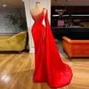 Dubai Arab Red Satin Mermaid Evening Dress Women Beaded One Shoulder Shawl Sleeve Thigh Split Side Split Prom Formal Gowns Robe De Soiree