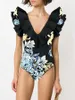 Women's Swimwear Chrysanthemum Print Ruffled Edge Deep V Mysterious Elegant Summer Est One-piece Swimsuit And Cover Up 2024