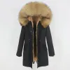 Päls 2022 Vattentät Long Parka Winter Jacket Kvinnor Real Fur Coat Natural Raccoon päls Trim Hood Faux Päls liner avtagbar streetwear