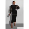 Basic Casual Dresses Puff Long Sleeve Bodycon Midi Dress Women High Neck Sexy Clubwear Split Pencil Black Slim Womens Party 2023 R Dhc6B