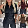 Blouses Femmes Printemps Ruché Pu Cuir Femmes Automne Solide Col Rabattu À Manches Longues Chemises Slim Dames Casual Simple Boutonnage Tops