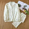 Womens Sleepwear Green Leaf Women Pajamas Set Autumn Long Sleeve Pants Suit Lapel for 2 Pieces Button Piiama Loose Night Wears