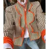 Mulheres jaquetas vintage outono listrado plissado casaco moda o pescoço parkas feminino outerwear topo coreano comentários muitas roupas