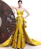 Fashion Gold Prom Pageant Dress for Women 2024 Mermaid Strapless Ruffles Train Formal Party Gowns Celebrity Wear Robe De Soiree