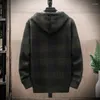 Herrtröjor Autumn Winter Plaid tröja Huva Cardigan Coat Wool Zipper Jacket Fleece Warm Windbreaker Pullovers Knit Jumper