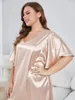 Damen Nachtwäsche und Größe Seiden Satin Nachtkleid Solid Pink Side Split v Hals Pyjama gekräuselt kurze Ärmel Homewear Nightwear