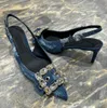 Sommarkristall-utmärkt denim Sandal stor knapp Cleo Rhinestone Dekorativ 6cm kattunge häl klänningskor lyx spänne kvinnor tillbaka remmar kvällskor med