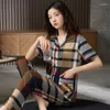 Women's Sleepwear Plaid Short-sleeved Cotton Pajamas Female Summer Cardigan Thin Middle-aged And Elderly Mother Loose Comfortable