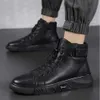 Stiefel, Leder High Cut Casual Recyphi Herren handgefertigte Schuhe, alles schwarze runde Zehen wasserdichte Geschäftsstiefel 704 B