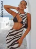 Lässige Kleider BOOFEENAA Zebrastreifen-Druck Mesh Durchsichtiges Sommer-Strand-Cover-Up Sexy Urlaub Asymmetrisches Cut-Out-Maxikleid C70-BC12