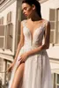 Simple A Line Women Wedding Dress Sheer Neck Sleeveless Bridal Gowns Sequins Appliques Split Side Sweep Train Dress Custom Made vestidos de novia