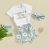 Giyim Setleri Bebek Kız Yaz Giysileri Mama S Kısa Kollu Romper ve Çiçek Şortu Baş Bandı Bebek Sevimli Kıyafet Seti