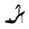 New With Thin Heel Sandals Female Cross over Rhinestone Letter Sexy Open Toe Square Head High Heel Shoes Female Luxury