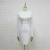 Casual Dresses 2024 Fall White Black Beading Women Bandage Party Dress Mini Club Robe Femme Long Sleeve Bodycon Wedding Vestidos HD8095